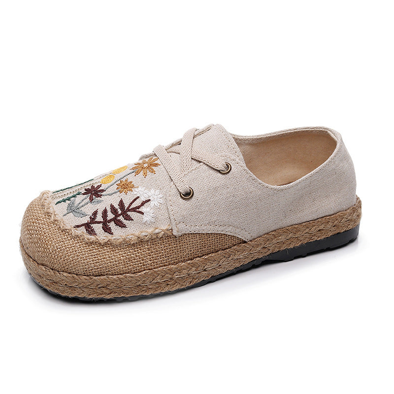 New Ethnic Style Women'S Shoes Dandelion Embroidered Linen Shoes Cow Tendon Bottom Hand-Stitched Top Lace-Up Cloth Shoes