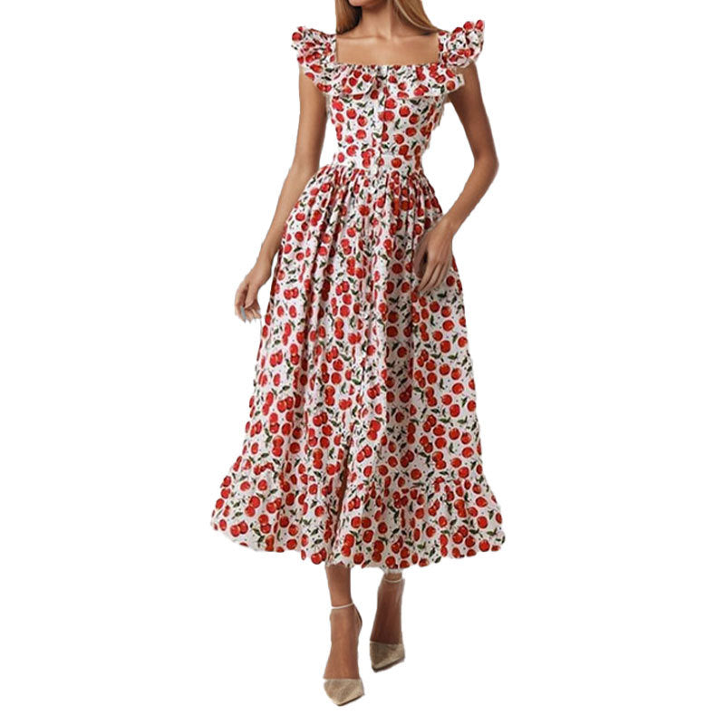 French Floral High-Waisted A-Line Dress with Flutter Sleeves