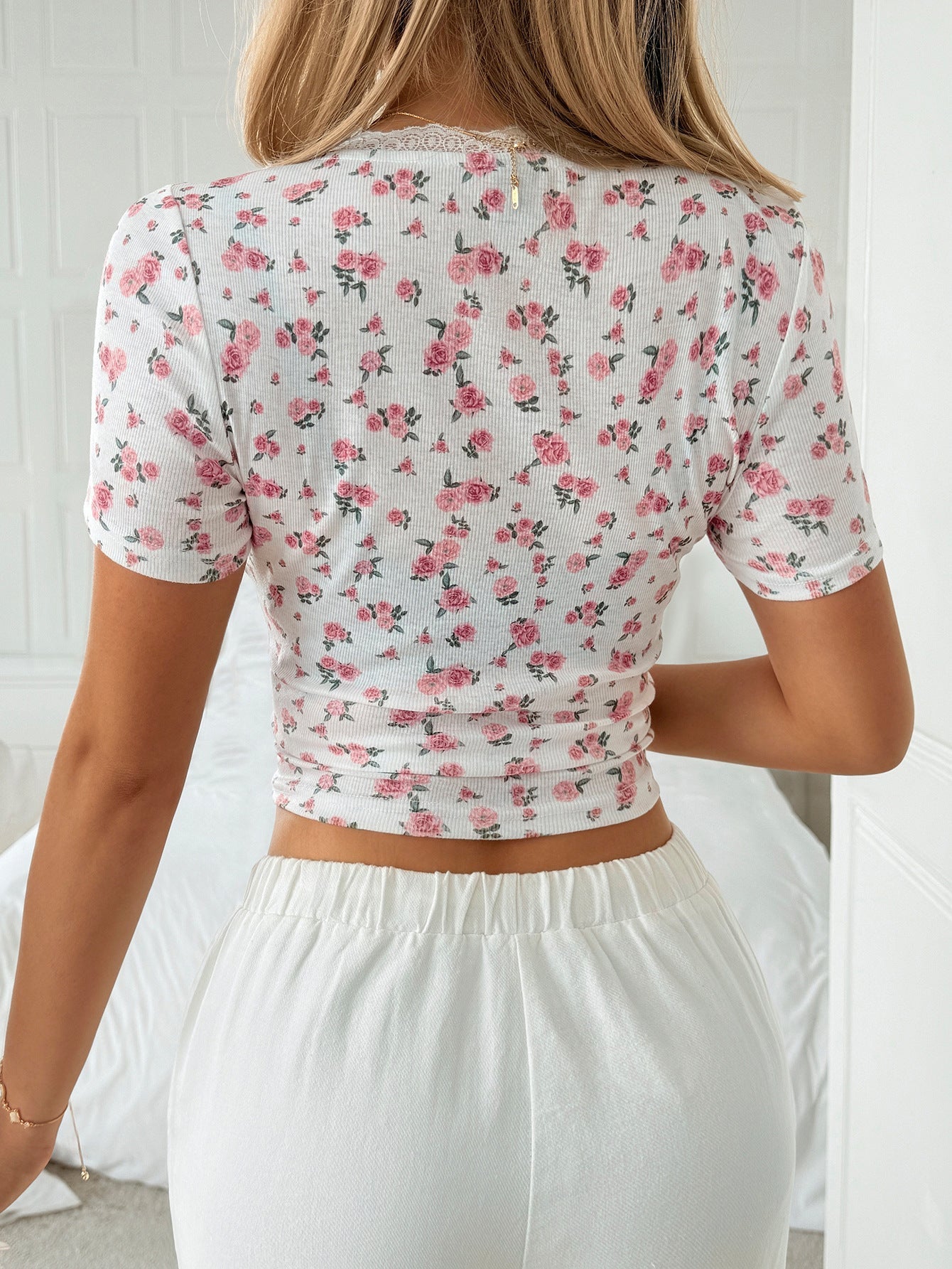 Floral Lace Short Sleeve T-Shirt for Women