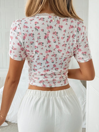 Floral Lace Short Sleeve T-Shirt for Women