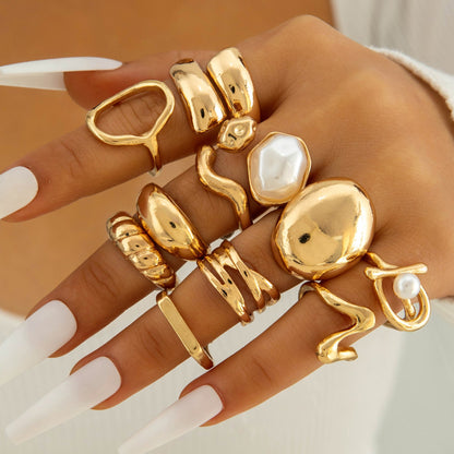 Irregular Pearl Ring Set Trendy Gold Retro Geometric Statement Rings