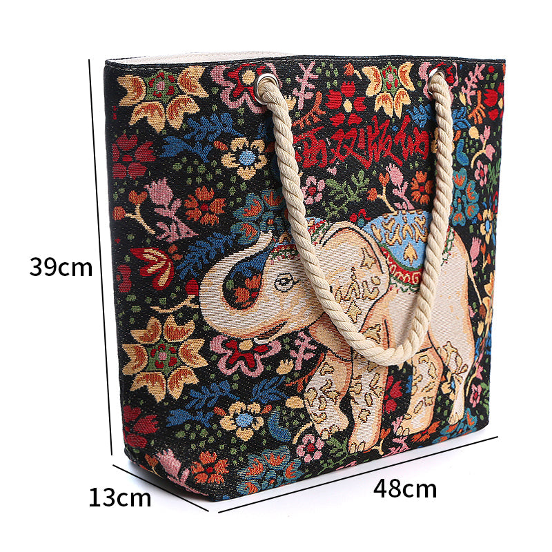 Ethno-Style Black Flower Elephant Double-Sided Jacquard Embroidery With Gold Wire Canvas Chain Tote Shoulder Bag