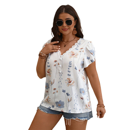 Summer V-Neck Lace Panel Printed Shirt Plus Size Women'S Fashion