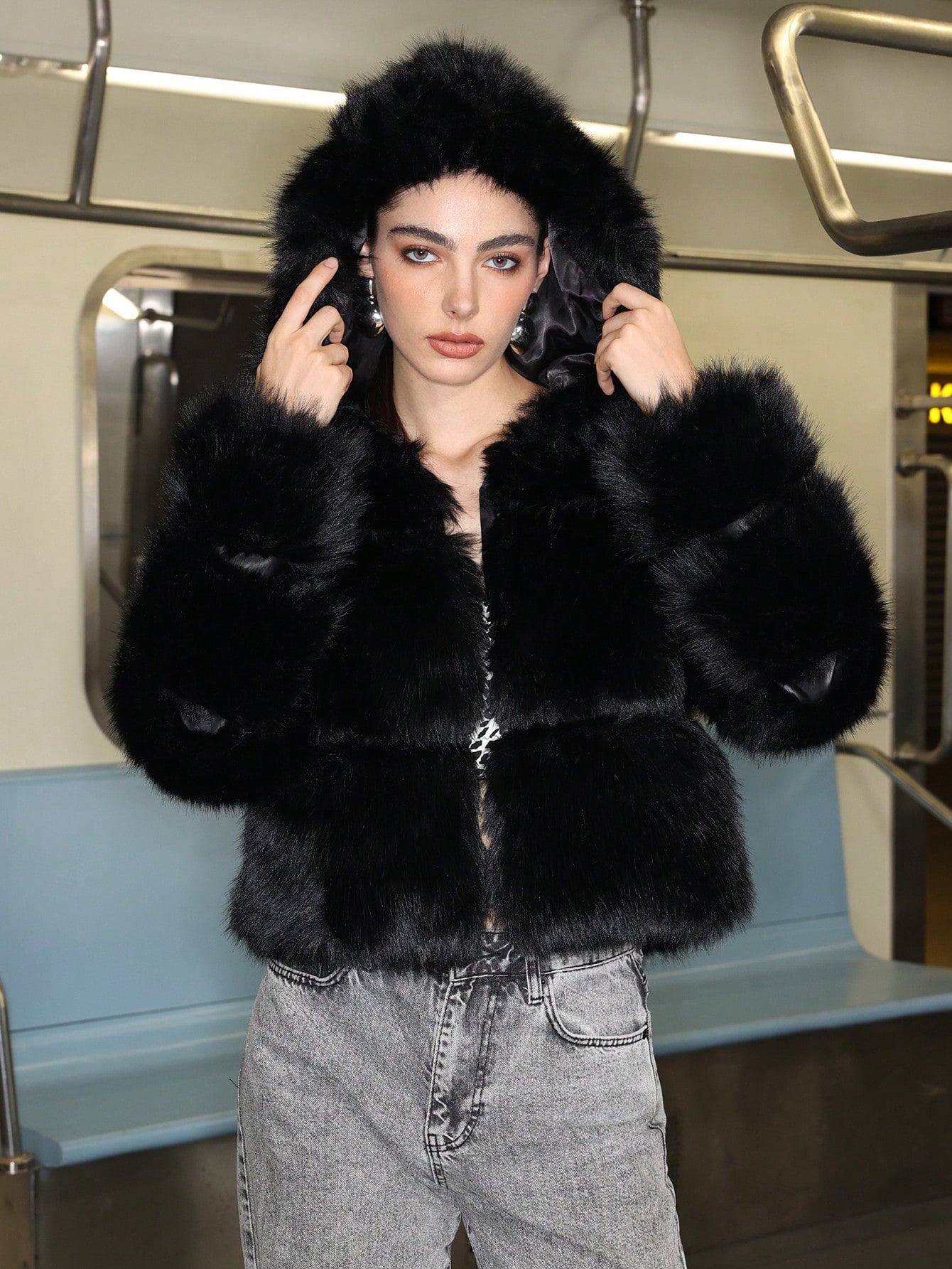 Faux Fur Hooded Zipper Jacket Casual Comfortable Coat