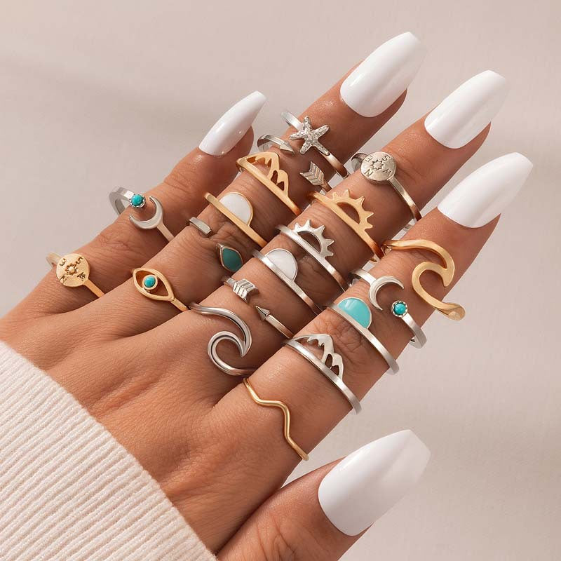 Vintage Geometric Moonstone Ring Set With Sun And Arrow Design
