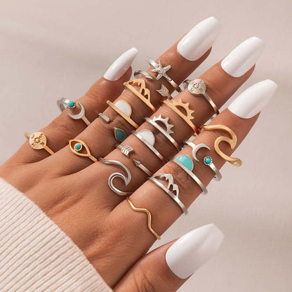 Vintage Geometric Moonstone Ring Set With Sun And Arrow Design