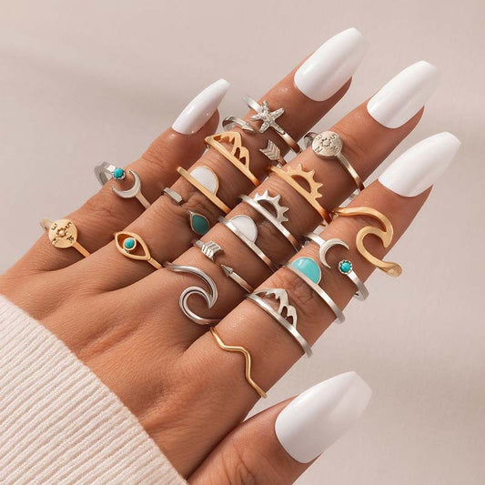 Vintage Geometric Moonstone Ring Set With Sun And Arrow Design