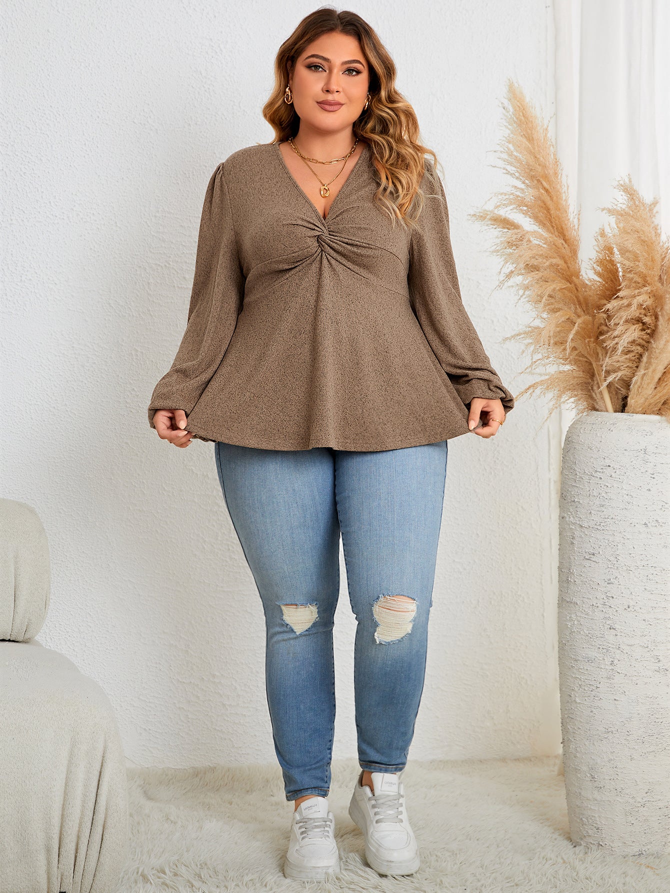 Casual V-Neck Long Sleeve Top for Plus Size Women