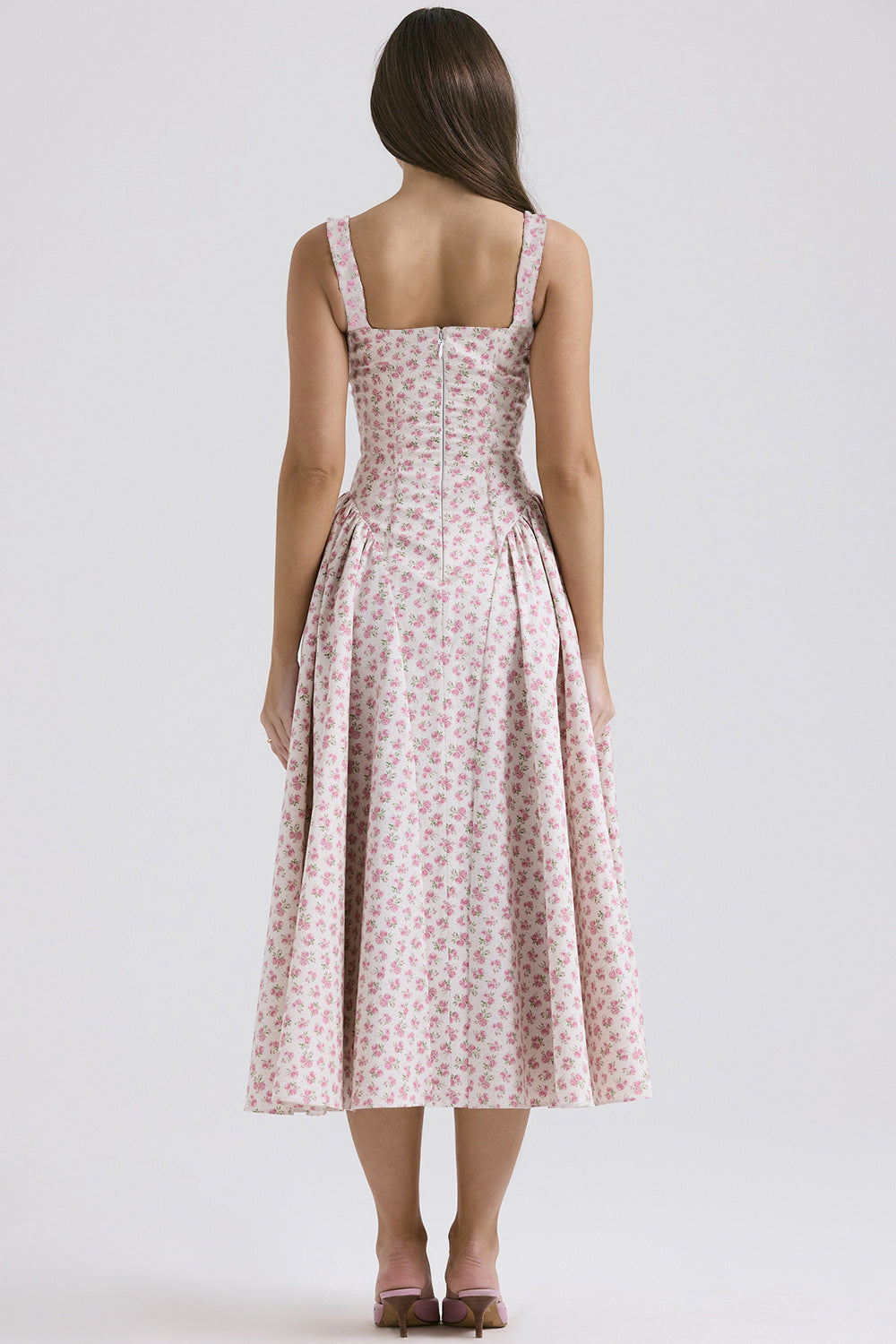 Flower Print Square Collar Spaghetti Dress