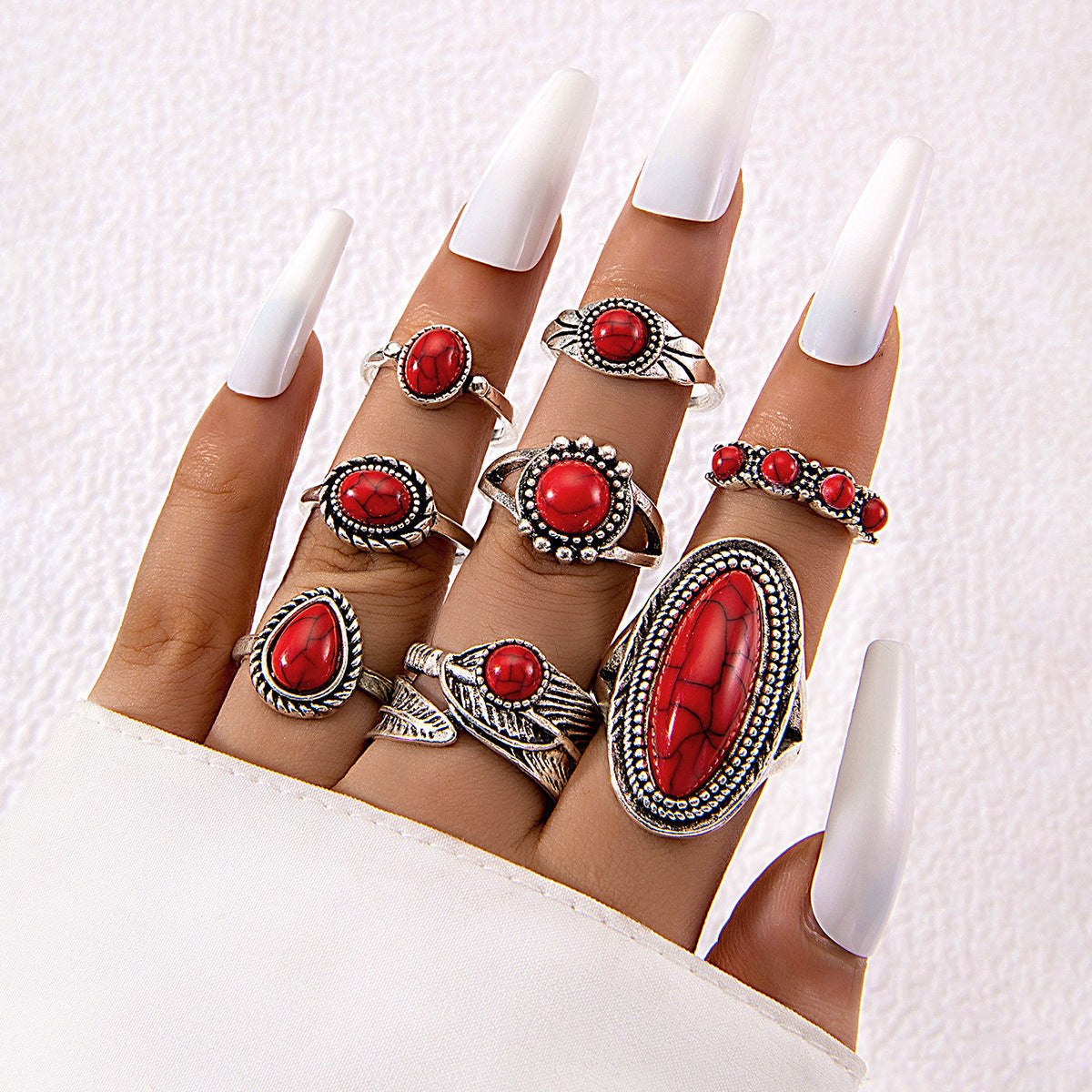 Bohemian Style Carved Feather Turquoise Ring Set