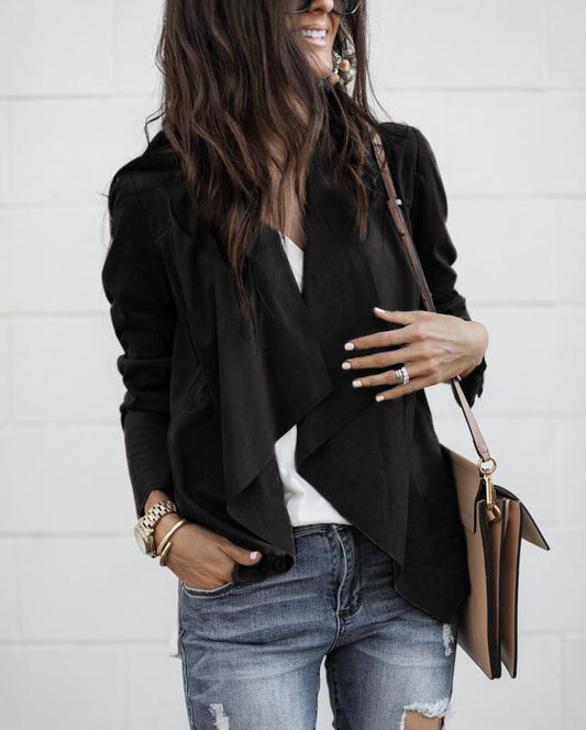 Autumn/Winter New Lapel Solid Color Imitation Deerskin Midi Length Casual Women'S Jacket