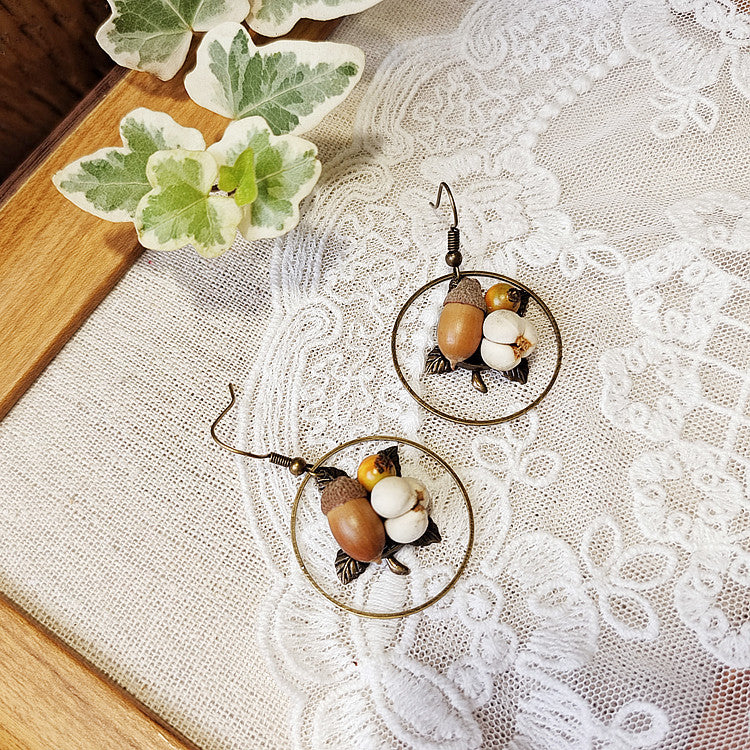 Geometric Botanical Wood Acorn Dangle Earrings