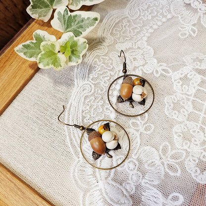 Geometric Botanical Wood Acorn Dangle Earrings