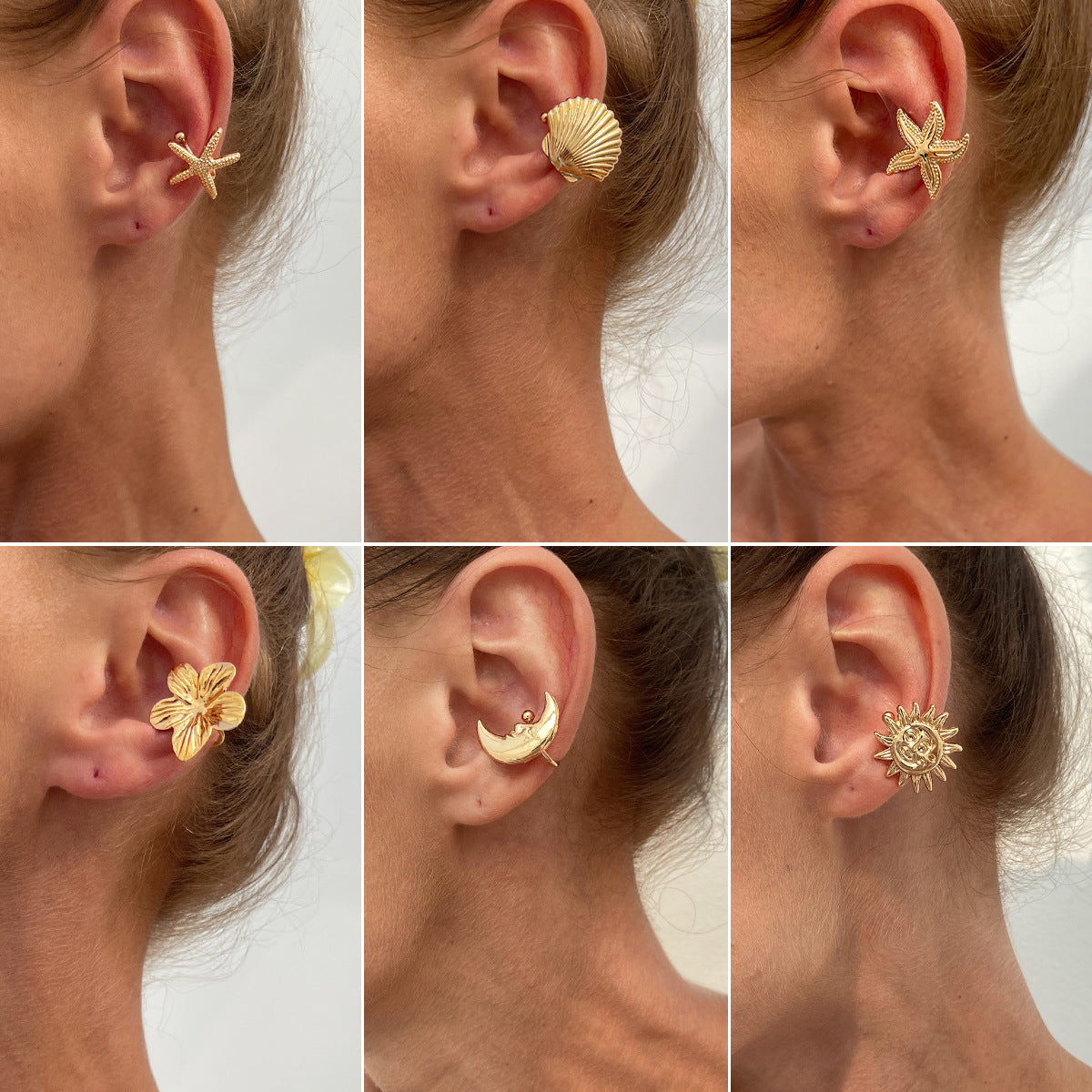 Sea Star Shell C-Shaped Earrings With Floral Design