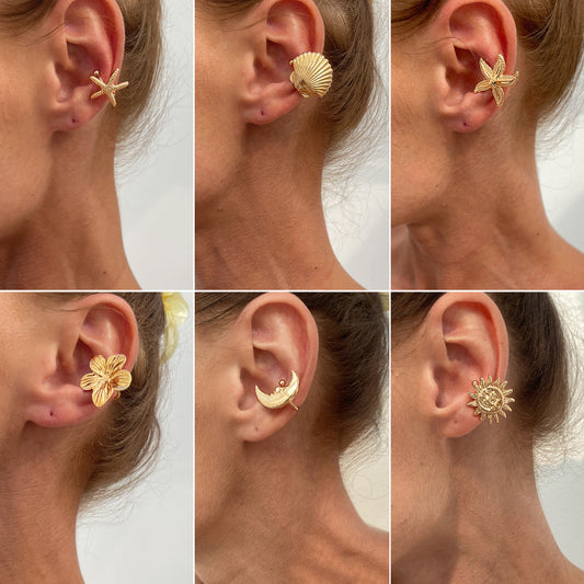 Sea Star Shell C-Shaped Earrings With Floral Design