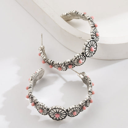 Exaggerated C-Shaped Earrings with Turquoise Accent