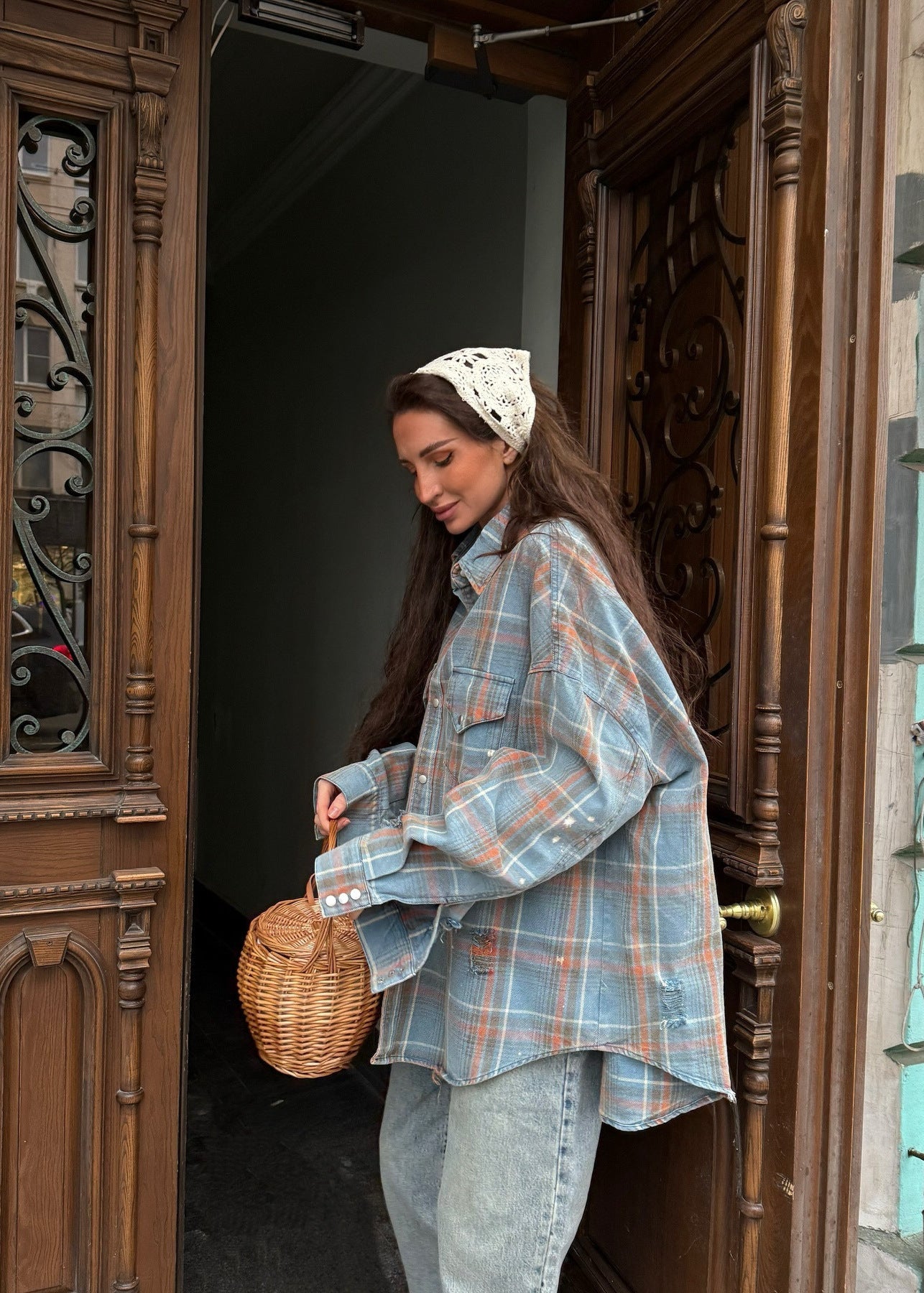 Oversized Plaid Button Up Shirt Polyester Flannel