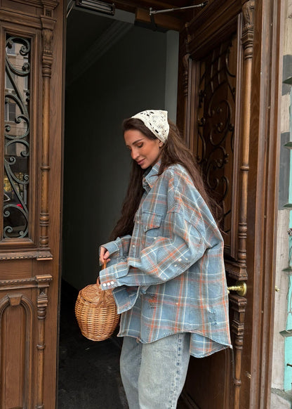 Oversized Plaid Button Up Shirt Polyester Flannel