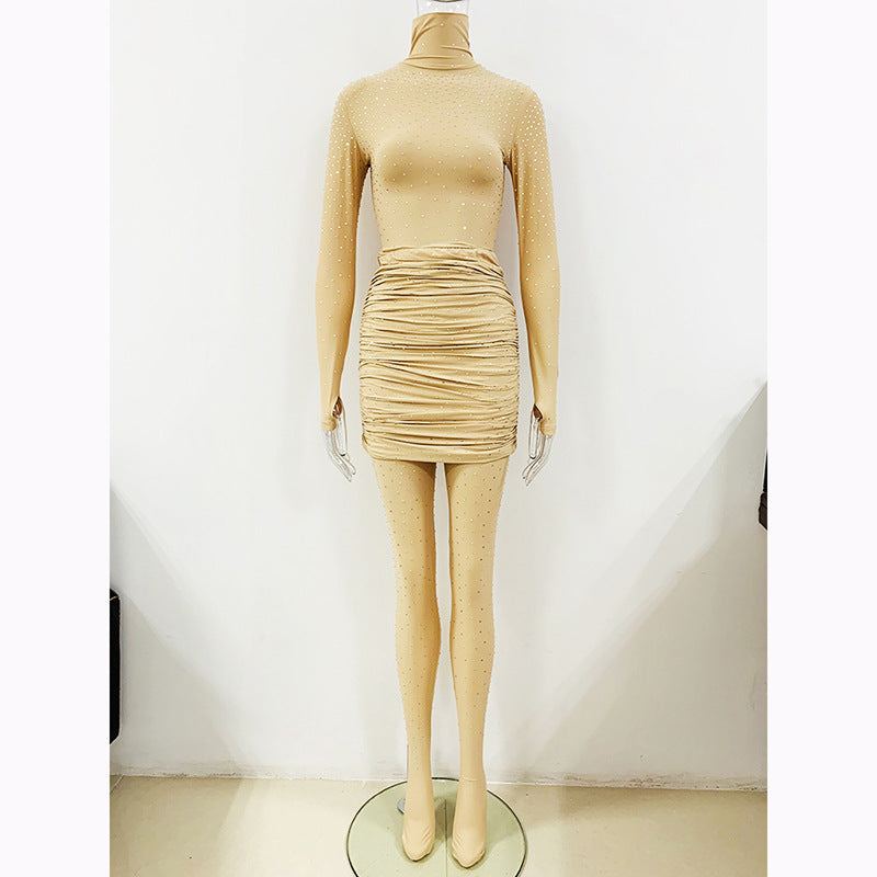 Fashion Rhinestone High Neck Long Sleeve Bodysuit & Ruffled Skirt Set