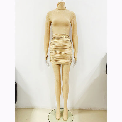 Fashion Rhinestone High Neck Long Sleeve Bodysuit & Ruffled Skirt Set