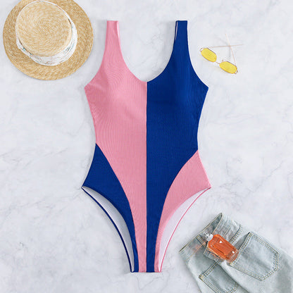 One-Piece Swimsuit Contrast Panels, Pit Strip Fabric Women'S Swimsuit Beach Vacation