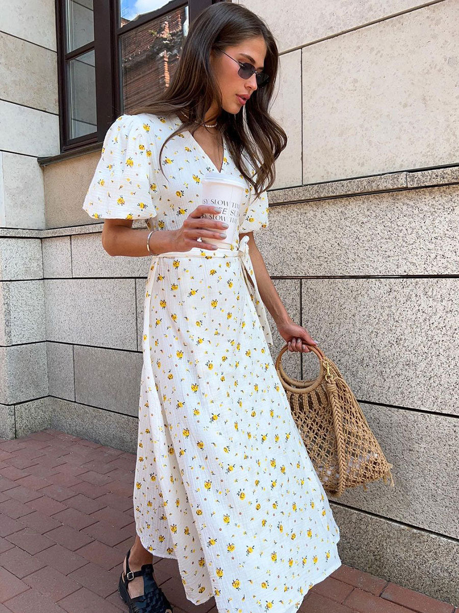 Floral Print Cotton A-Line Dress with Puff Sleeves