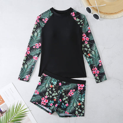 New Swimwear Long Sleeved Digital Printed Conservative Women'S Split Bikini Swimwear