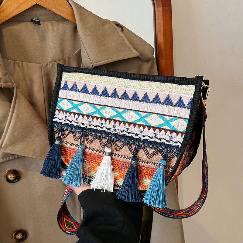 Woven Fringe Crossbody Bag Stylish Cotton Handbag