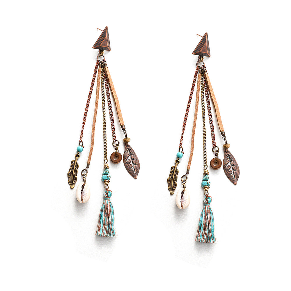 Trendy Long Tassel Earrings with Shell and Leaf Design
