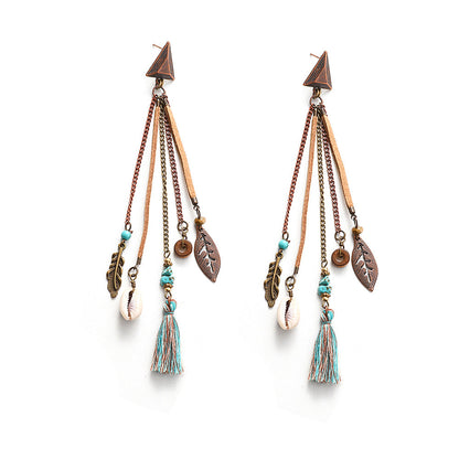 Trendy Long Tassel Earrings with Shell and Leaf Design
