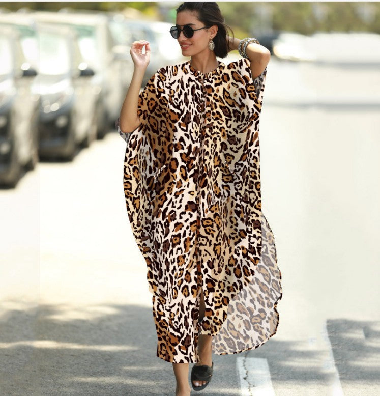 Four-Sided Elastic-Printed Beach Blouse Loose Pocket Single-Breasted Vacation Dress