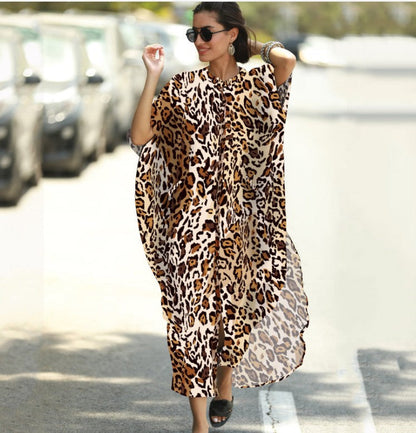 Four-Sided Elastic-Printed Beach Blouse Loose Pocket Single-Breasted Vacation Dress
