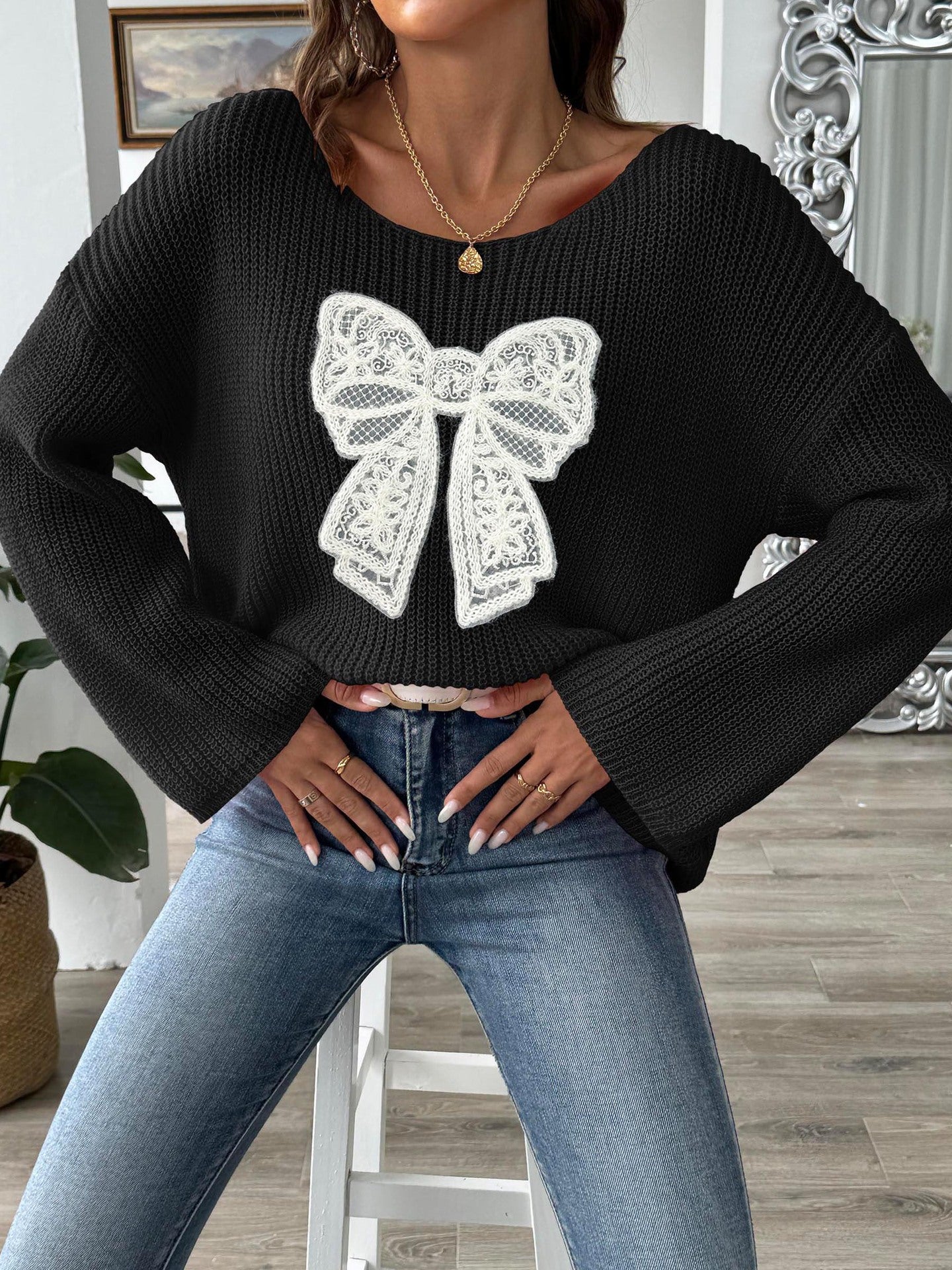 Bow Tie Embroidered Sweater For Women