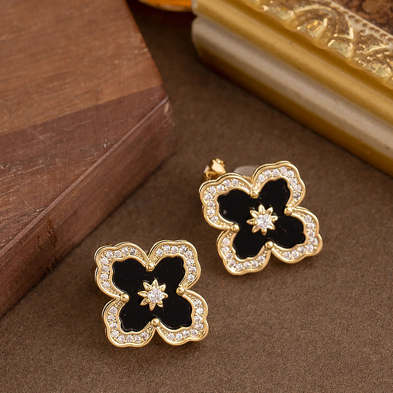 Gold Four Leaf Clover Zirconia Ear Clips For Women