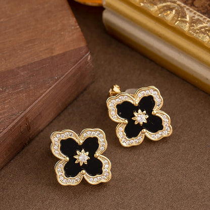 Gold Four Leaf Clover Zirconia Ear Clips For Women