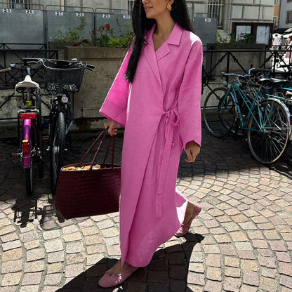 Pink Cotton Long Sleeve Tie Waist Maxi Dress