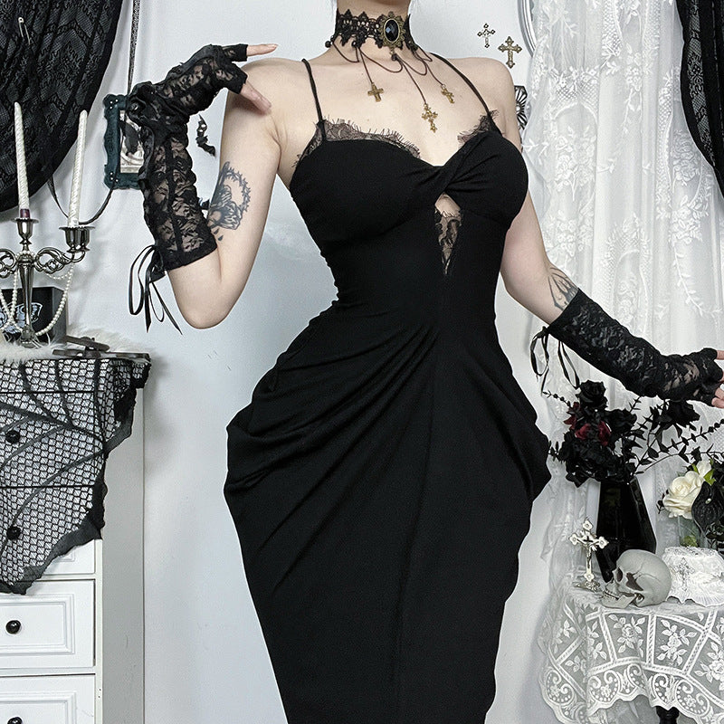 Black Lace Maxi Dress Sleeveless Gothic Style
