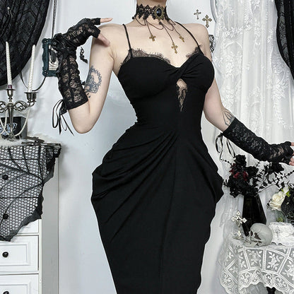 Black Lace Maxi Dress Sleeveless Gothic Style