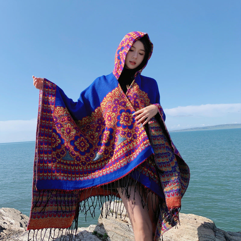 Ethnic Style New Split Shawl Women'S Cloak Scarf Thickened Warm Travel Coat Cloak