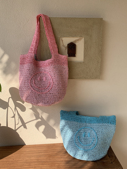 Smiley Face Knitted Mini Tote Bag Handmade Bohemian Style
