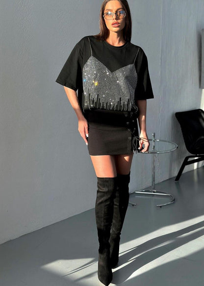 Embellished Cotton Tee With Rhinestone Corset Design