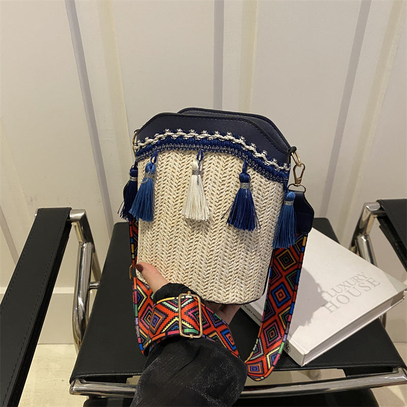 Ethnic Style Woven Bucket Bag Casual PU Crossbody Bag