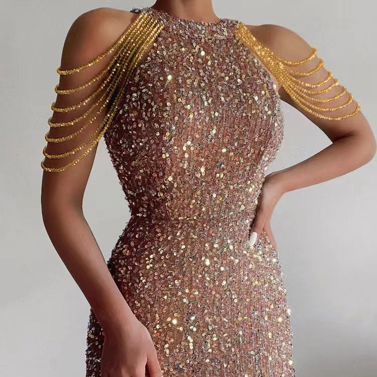 Sleek Crystal Chain Midi Dress With Sequins In Solid Colors