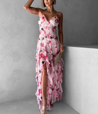 Off-Shoulder Floral Chiffon Maxi Dress
