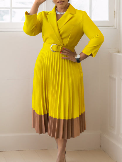 Elegant A-Line Dress With Suit Collar And Pleats