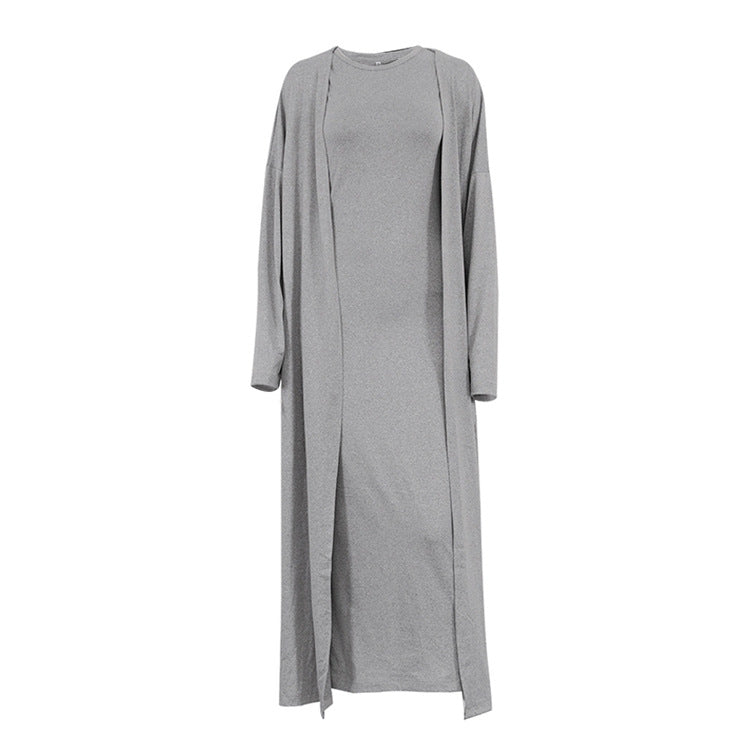 2 Pcs Casual Long Cardigan Tank Dress Set