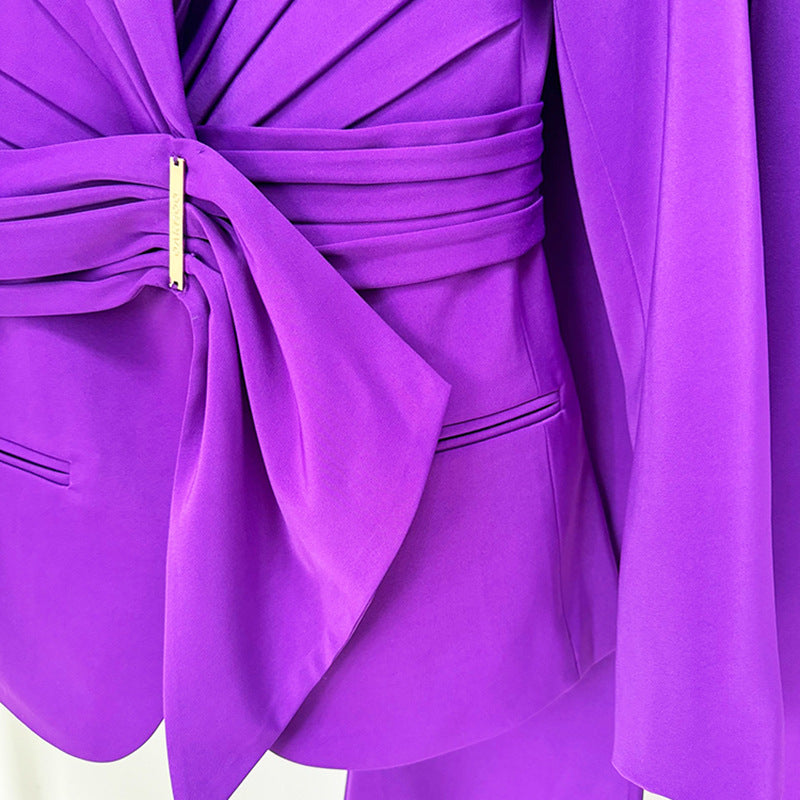 Stylish Irregular Belted Blazer Pantsuit Set