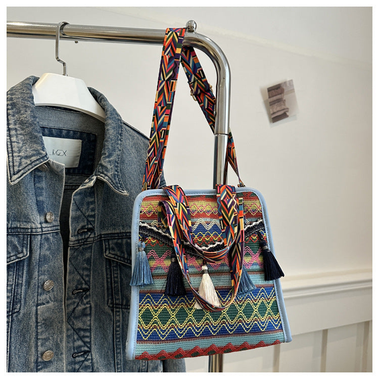 Ethnic Style Tassel Shoulder Bag Trendy Chic Fabric Crossbody Bag