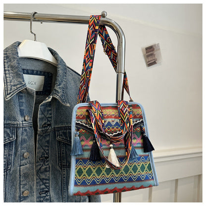 Ethnic Style Tassel Shoulder Bag Trendy Chic Fabric Crossbody Bag