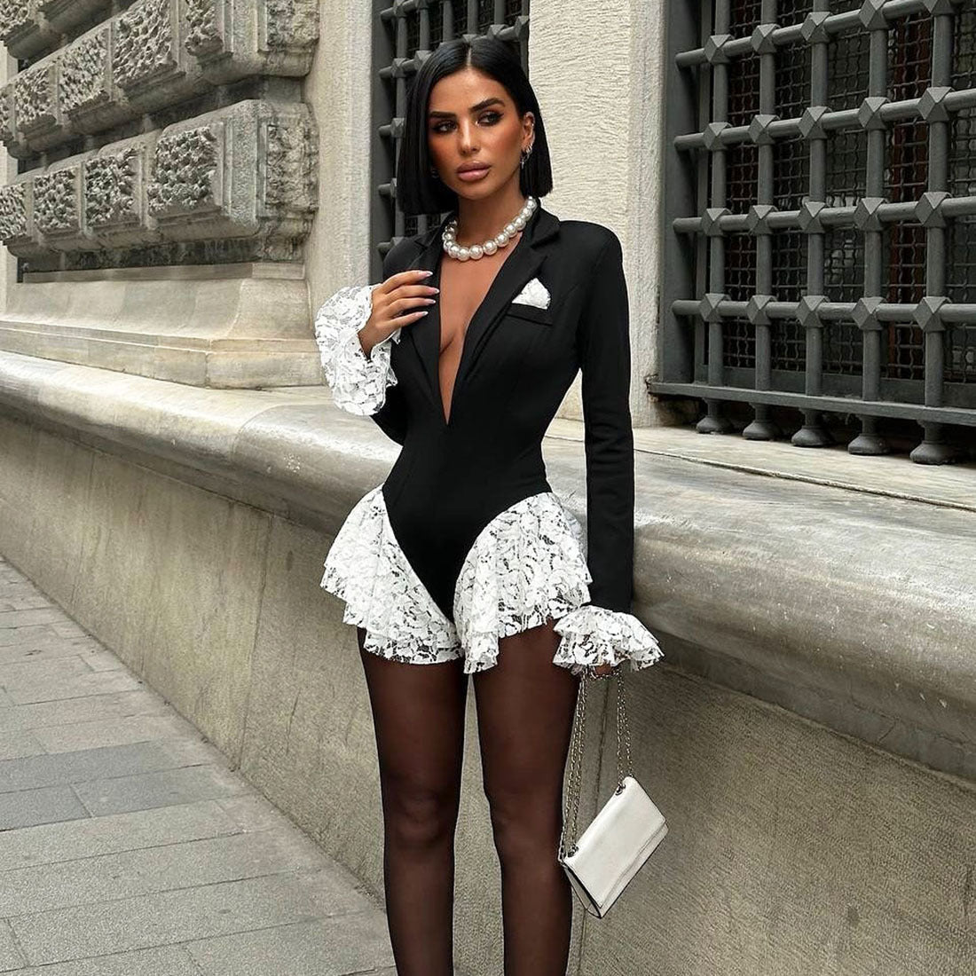 Deep V-Neck Lace Trimmed Long Sleeve Jumpsuit